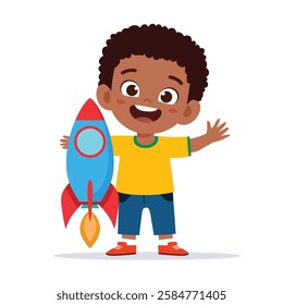 Cute little kid boy play with rocket toy and feel happy, Flat Vector Illustration.