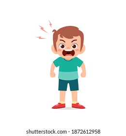 cute little kid boy stand and show angry pose expression