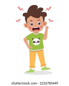 Cute little kid boy stand and show angry expression cartoon illustration