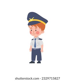 Cute little kid boy standing in pilot suit flat style, vector illustration isolated on white background. Decorative design element, children profession, happy character, dream