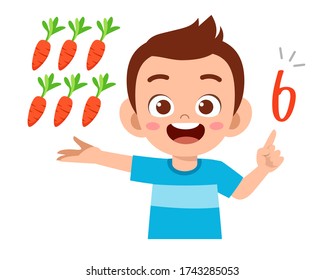 cute little kid boy study math number count vegetable