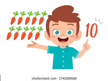 cute little kid boy study math number count vegetable