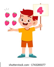 cute little kid boy study math number count fruit
