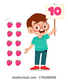 cute little kid boy study math number count fruit