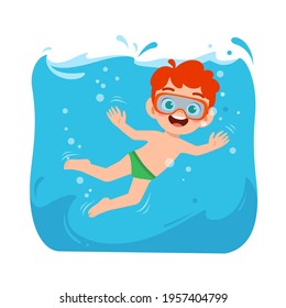 cute little kid boy swim under water on summer holiday