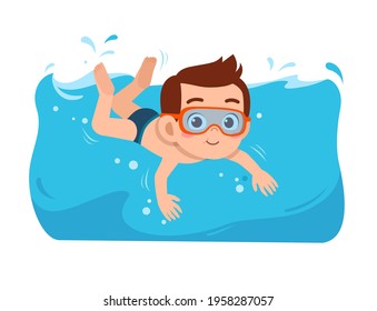 Cute Little Kid Boy Swim Under Stock Vector (Royalty Free) 1958287057 ...