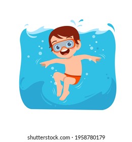 cute little kid boy swim under water on summer holiday