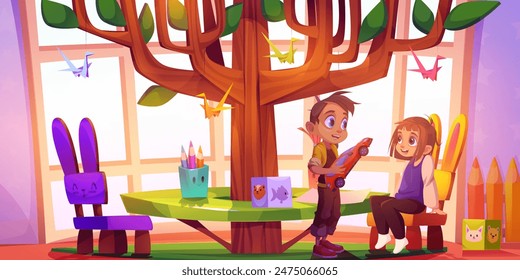 Cute little kid boy with toy car and girl sitting on chair in kindergarten play and education room interior. Cartoon vector preschool nursery indoor. Children in daycare classroom with table.