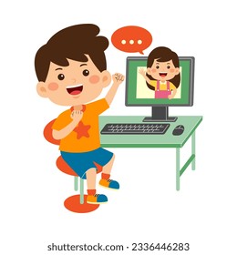 cute little kid boy use computer