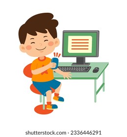 cute little kid boy use computer