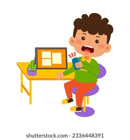 cute little kid boy use graphic tablet