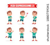 cute little kid boy in various expressions and gesture set