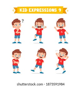 cute little kid boy in various expressions and gesture set