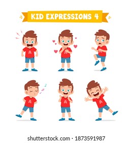 cute little kid boy in various expressions and gesture set