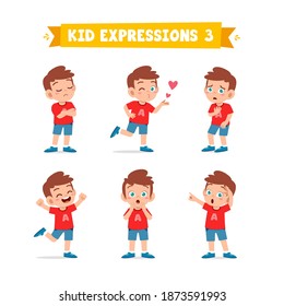 cute little kid boy in various expressions and gesture set