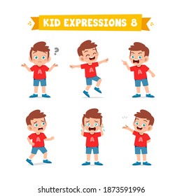 cute little kid boy in various expressions and gesture set