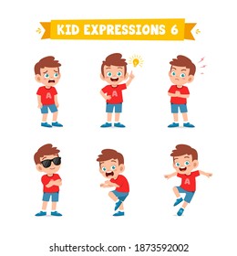 cute little kid boy in various expressions and gesture set