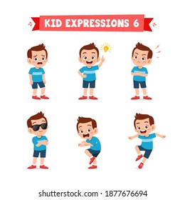 cute little kid boy in various expressions and gesture set