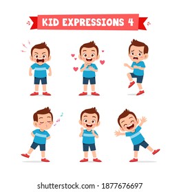 cute little kid boy in various expressions and gesture set