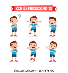 cute little kid boy in various expressions and gesture set