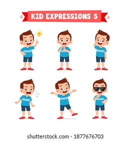 cute little kid boy in various expressions and gesture set