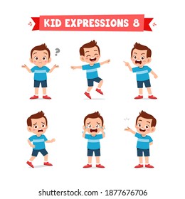 cute little kid boy in various expressions and gesture set