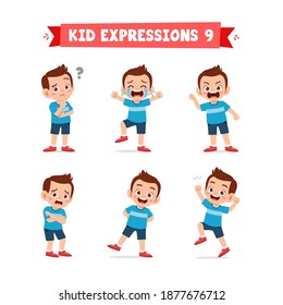 cute little kid boy in various expressions and gesture set