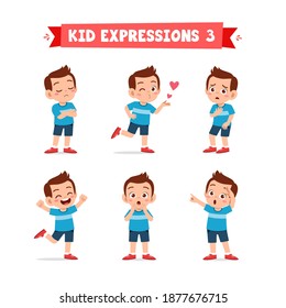 cute little kid boy in various expressions and gesture set