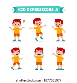 cute little kid boy in various expressions and gesture set