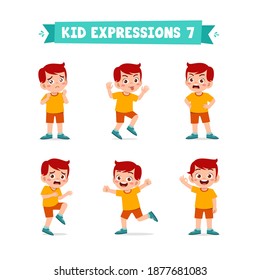 cute little kid boy in various expressions and gesture set