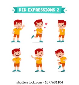 cute little kid boy in various expressions and gesture set