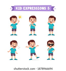 cute little kid boy in various expressions and gesture set