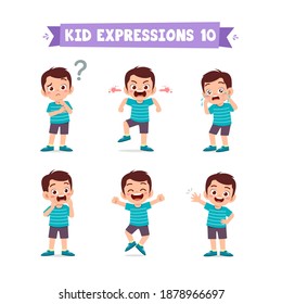 cute little kid boy in various expressions and gesture set