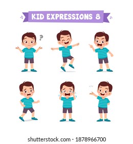 cute little kid boy in various expressions and gesture set