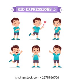 cute little kid boy in various expressions and gesture set