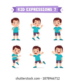 cute little kid boy in various expressions and gesture set