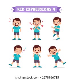 cute little kid boy in various expressions and gesture set