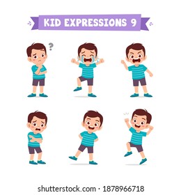 cute little kid boy in various expressions and gesture set