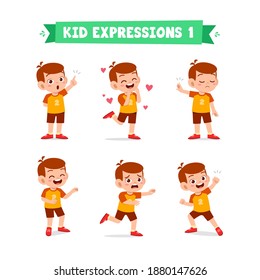 cute little kid boy in various expressions and gesture set