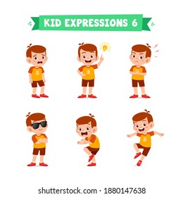 cute little kid boy in various expressions and gesture set