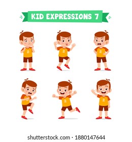 cute little kid boy in various expressions and gesture set