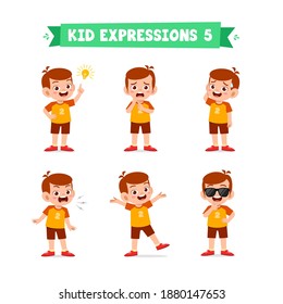 cute little kid boy in various expressions and gesture set