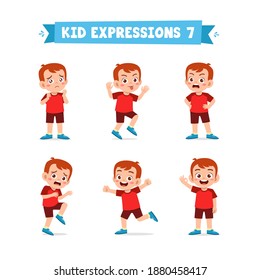 cute little kid boy in various expressions and gesture set