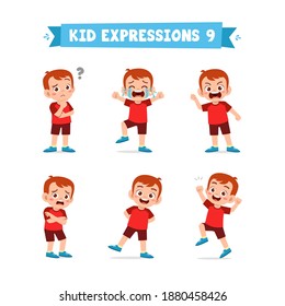 cute little kid boy in various expressions and gesture set