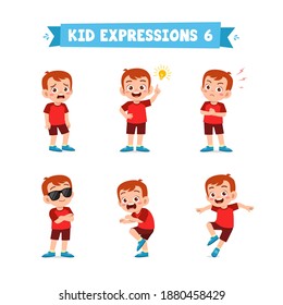 cute little kid boy in various expressions and gesture set
