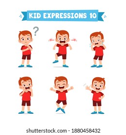 cute little kid boy in various expressions and gesture set