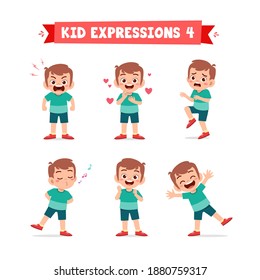 cute little kid boy in various expressions and gesture set