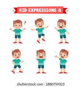 cute little kid boy in various expressions and gesture set