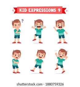 cute little kid boy in various expressions and gesture set