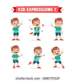 cute little kid boy in various expressions and gesture set